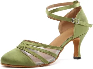 JUODVMP Women's Closed Toe Dance Heels Green Satin Latin Ballroom Dance Shoes for Wedding Party Model YCL189