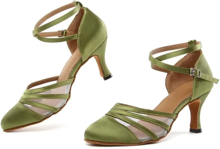 JUODVMP Women's Closed Toe Dance Heels Green Satin Latin Ballroom Dance Shoes for Wedding Party Model YCL189