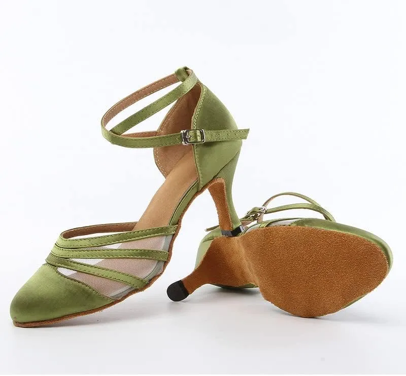 JUODVMP Women's Closed Toe Dance Heels Green Satin Latin Ballroom Dance Shoes for Wedding Party Model YCL189