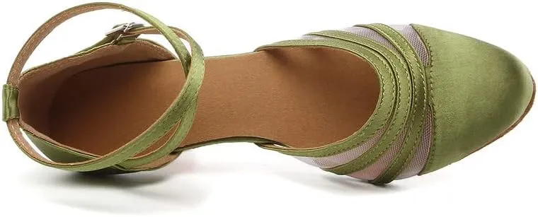 JUODVMP Women's Closed Toe Dance Heels Green Satin Latin Ballroom Dance Shoes for Wedding Party Model YCL189