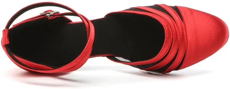 JUODVMP Women's Closed Toe Dance Heels Red Satin Latin Ballroom Dance Shoes for Wedding Party Model YCL189