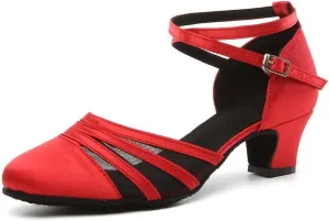 JUODVMP Women's Closed Toe Dance Heels Red Satin Latin Ballroom Dance Shoes for Wedding Party Model YCL189