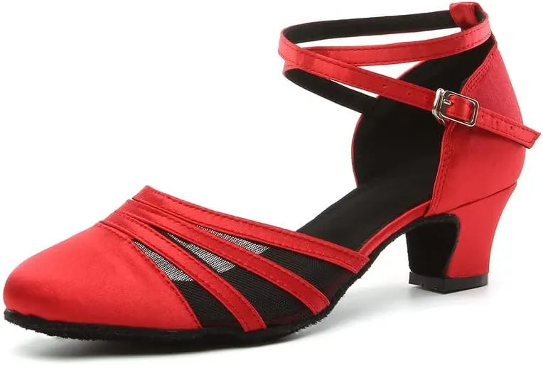 JUODVMP Women's Closed Toe Dance Heels Red Satin Latin Ballroom Dance Shoes for Wedding Party Model YCL189