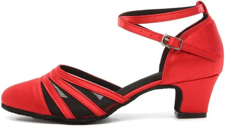 JUODVMP Women's Closed Toe Dance Heels Red Satin Latin Ballroom Dance Shoes for Wedding Party Model YCL189