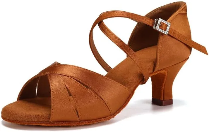 JUODVMP Women's Dance Shoes Satin Cut-Out Ballroom Dancing Heels Professional Dancing Practice Shoes