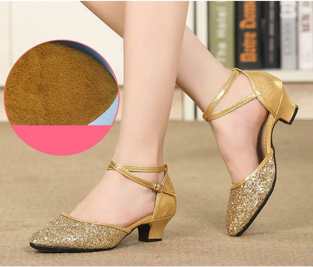 JUODVMP Women's Latin Salsa Ballroom Dance Shoes Sequins Closed-Toe Cross-Straps Dance Heels Model DY225