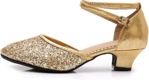 JUODVMP Women's Latin Salsa Ballroom Dance Shoes Sequins Closed-Toe Cross-Straps Dance Heels Model DY225