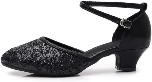 JUODVMP Women's Latin Salsa Ballroom Dance Shoes Sequins Closed-Toe Cross-Straps Dance Heels Model DY225
