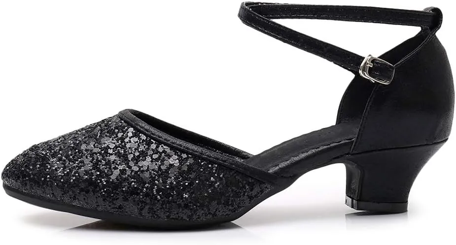 JUODVMP Women's Latin Salsa Ballroom Dance Shoes Sequins Closed-Toe Cross-Straps Dance Heels Model DY225