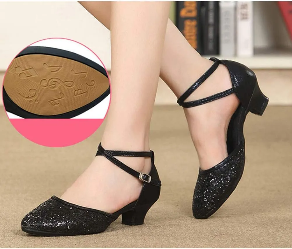 JUODVMP Women's Latin Salsa Ballroom Dance Shoes Sequins Closed-Toe Cross-Straps Dance Heels Model DY225