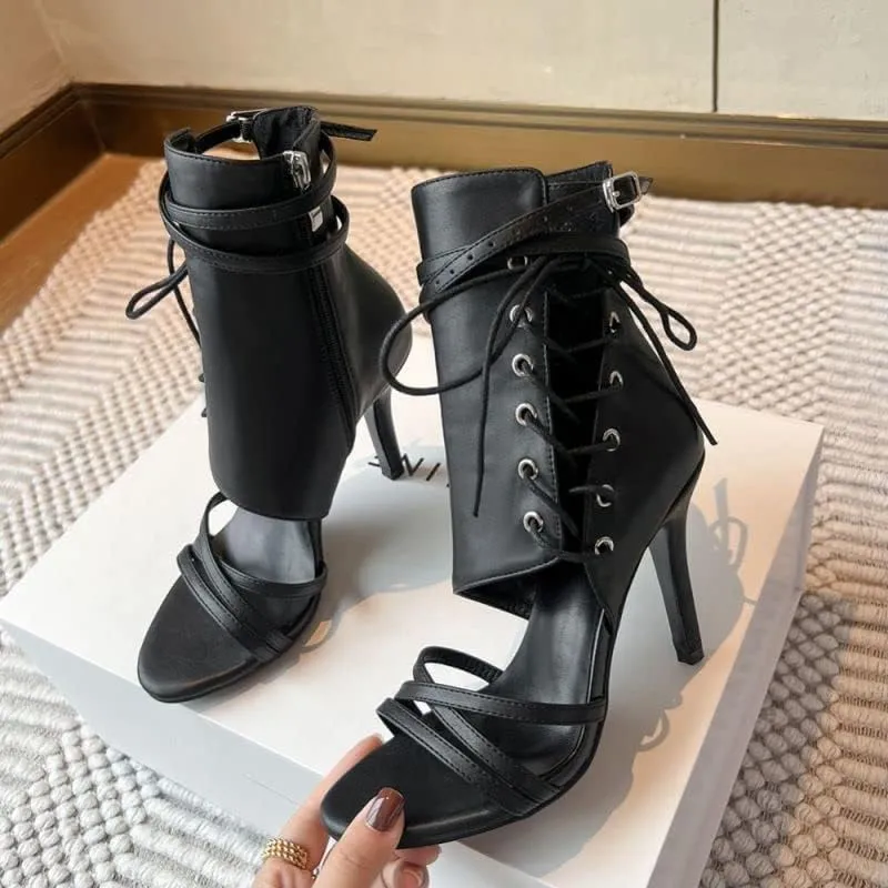 JUODVMP Womens Open Toe Side Lace Up Tall Leather Jazz High Heels Model DS-F019