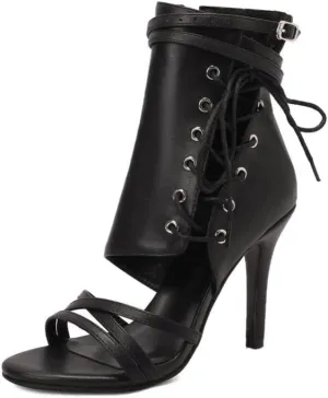 JUODVMP Womens Open Toe Side Lace Up Tall Leather Jazz High Heels Model DS-F019