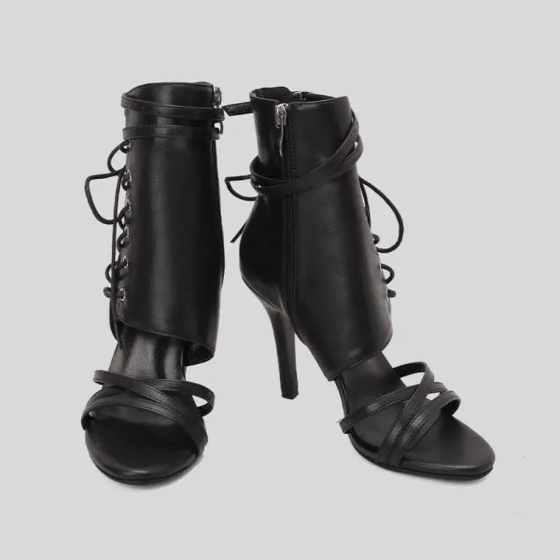 JUODVMP Womens Open Toe Side Lace Up Tall Leather Jazz High Heels Model DS-F019