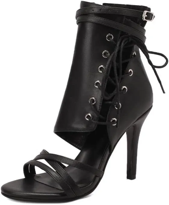 JUODVMP Womens Open Toe Side Lace Up Tall Leather Jazz High Heels Model DS-F019