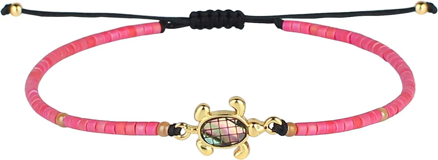 KELITCH New Turtle Bracelets Abalone Shell Miyuki Beaded Bracelets Braided Friendship Bracelet Jewelry Gift (Red)