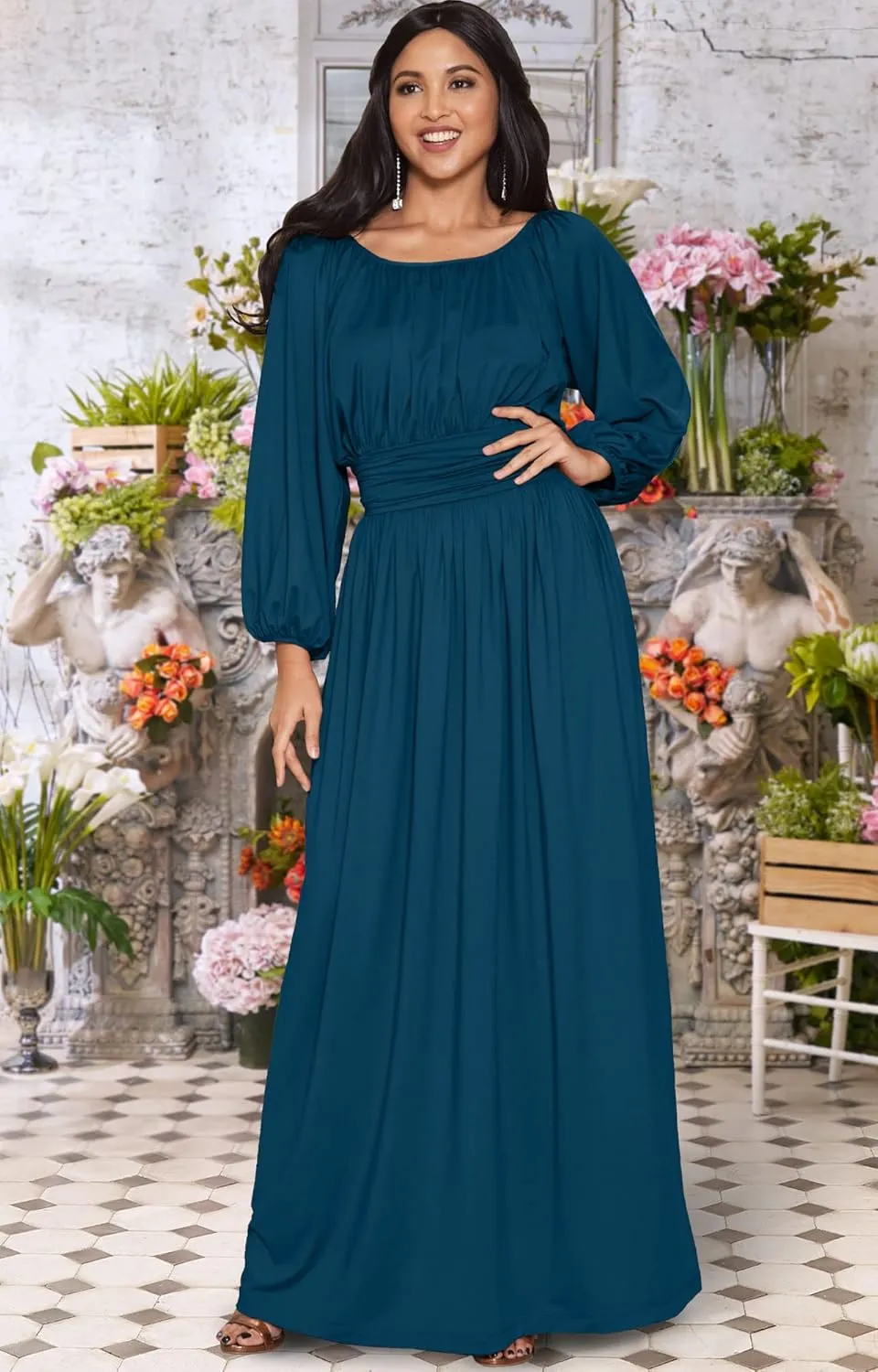KOH KOH Womens Sleeve Vintage Peasant Empire Waist Pleated Fall