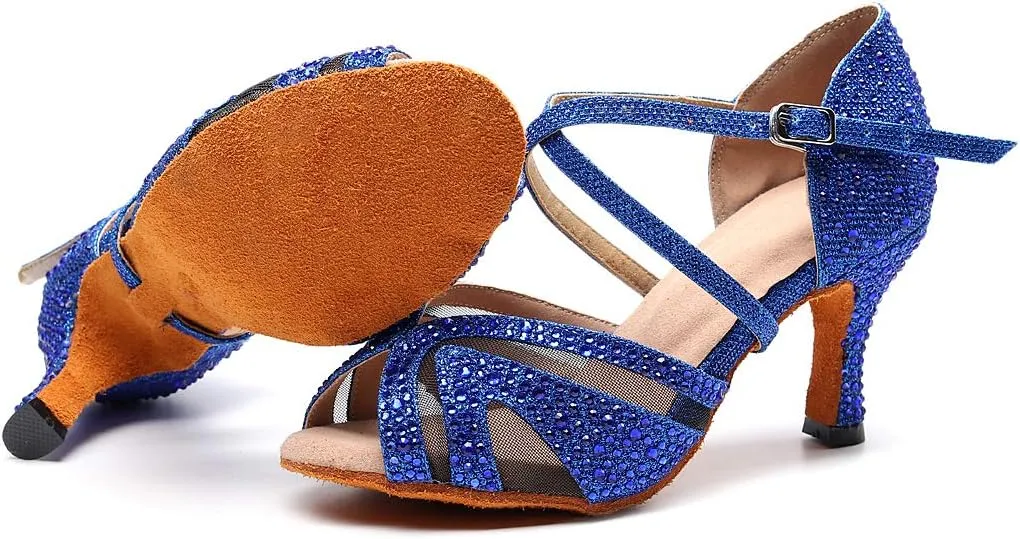 Ladies Ballroom Latin Dance Shoes Color Rhinestone Ballroom Party Performance Shoes 3.5 Inch Ladies High Heels