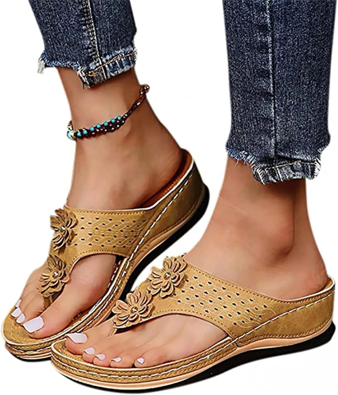 Ladmiple Women's Sandals Wedge Heel Arch Support Orthotic Thong Flip Flops Dressy Summer Comfort Walking Orthopedic Slides