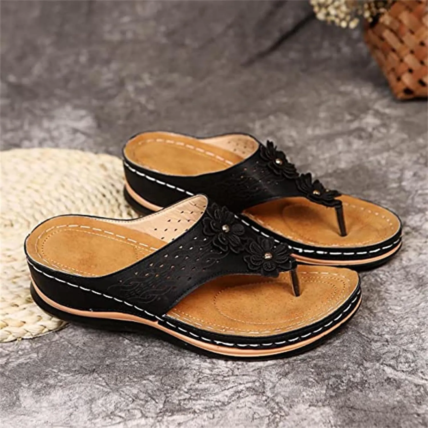 Ladmiple Women's Sandals Wedge Heel Arch Support Orthotic Thong Flip Flops Dressy Summer Comfort Walking Orthopedic Slides