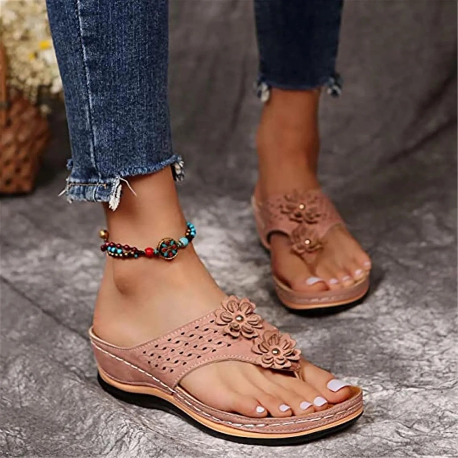 Ladmiple Women's Sandals Wedge Heel Arch Support Orthotic Thong Flip Flops Dressy Summer Comfort Walking Orthopedic Slides