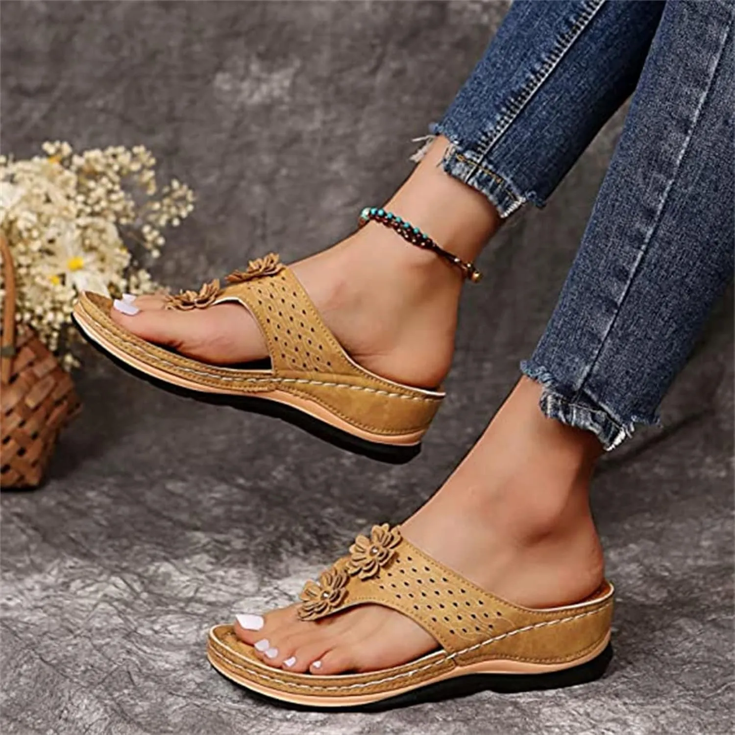 Ladmiple Women's Sandals Wedge Heel Arch Support Orthotic Thong Flip Flops Dressy Summer Comfort Walking Orthopedic Slides