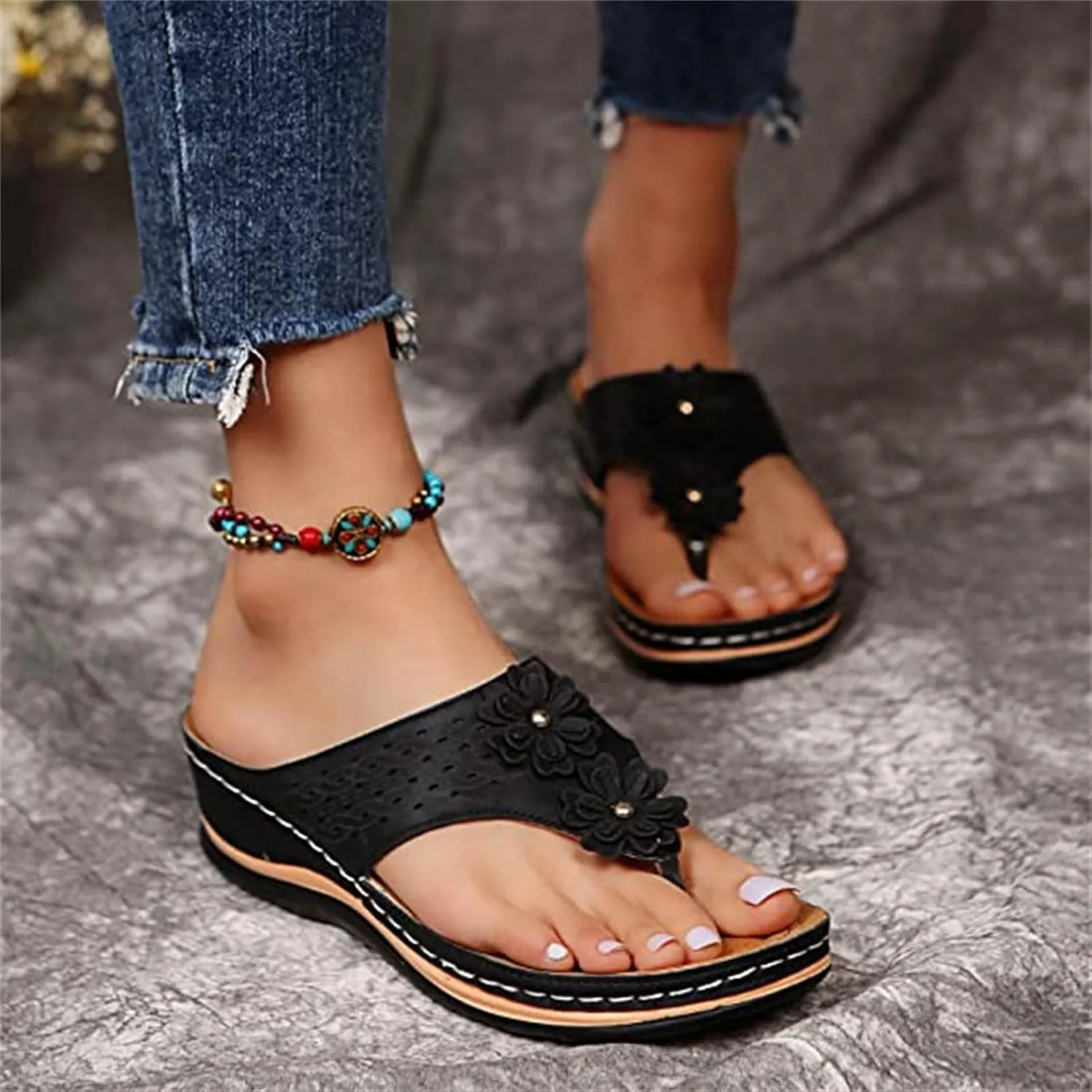 Ladmiple Women's Sandals Wedge Heel Arch Support Orthotic Thong Flip Flops Dressy Summer Comfort Walking Orthopedic Slides