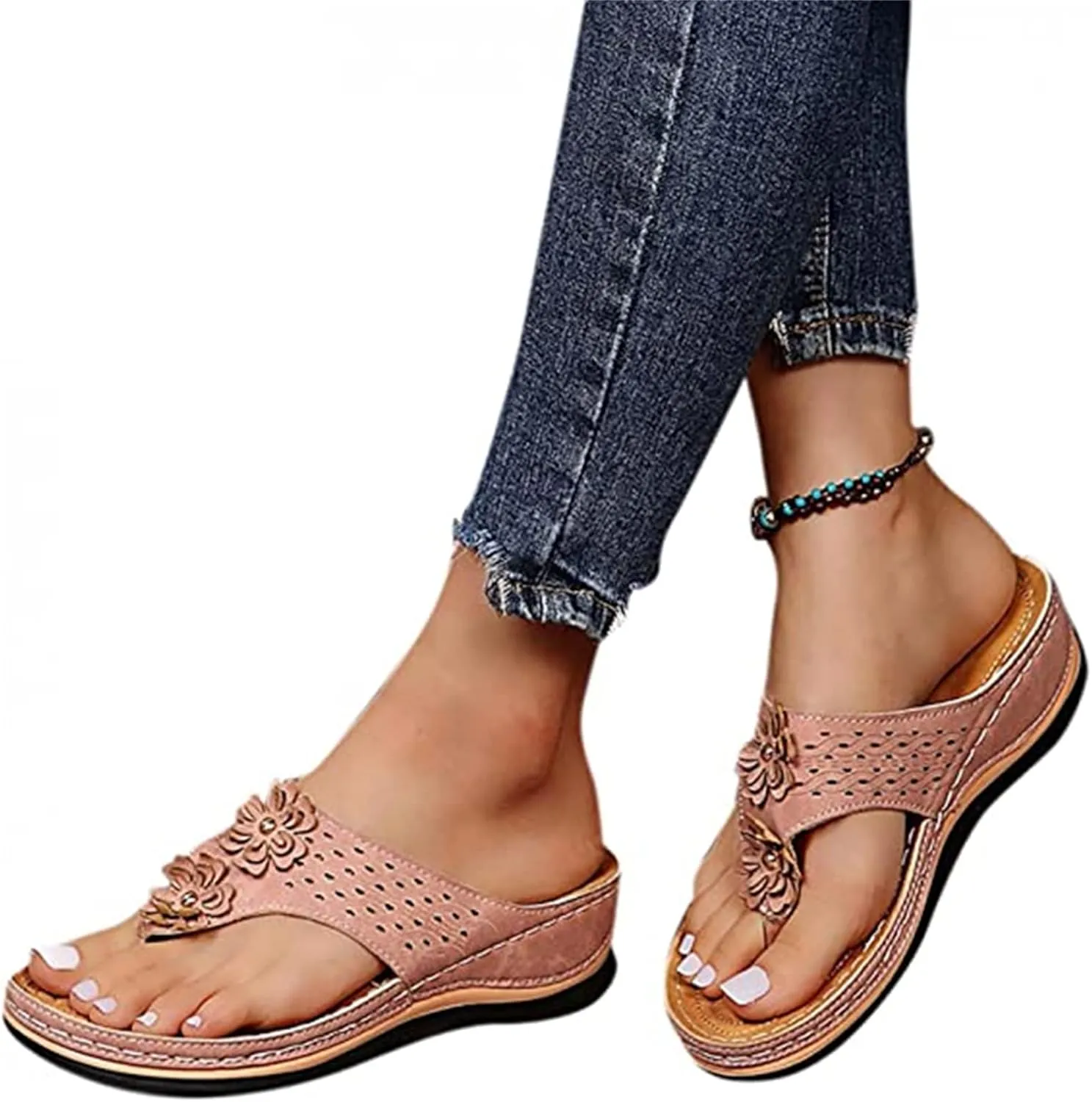 Ladmiple Women's Sandals Wedge Heel Arch Support Orthotic Thong Flip Flops Dressy Summer Comfort Walking Orthopedic Slides
