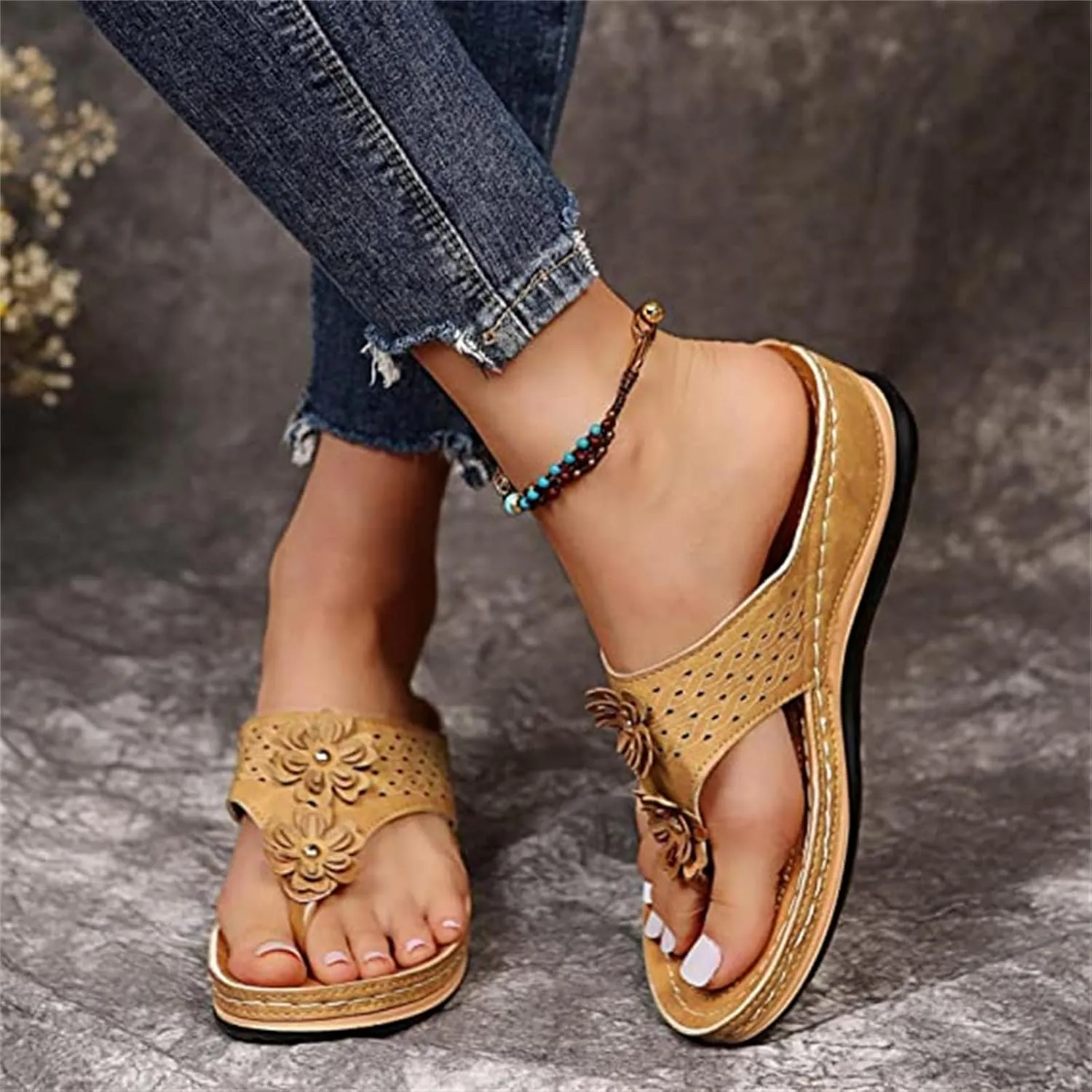 Ladmiple Women's Sandals Wedge Heel Arch Support Orthotic Thong Flip Flops Dressy Summer Comfort Walking Orthopedic Slides