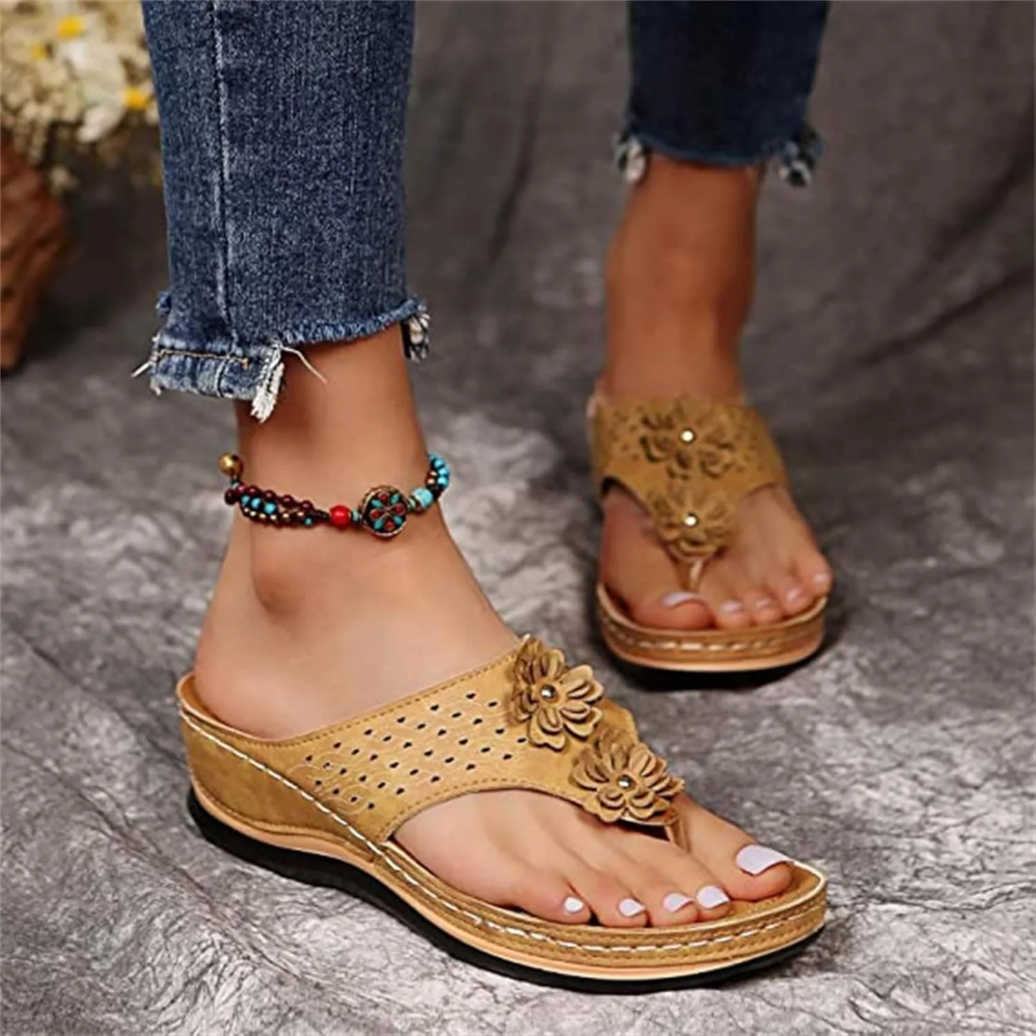 Ladmiple Women's Sandals Wedge Heel Arch Support Orthotic Thong Flip Flops Dressy Summer Comfort Walking Orthopedic Slides
