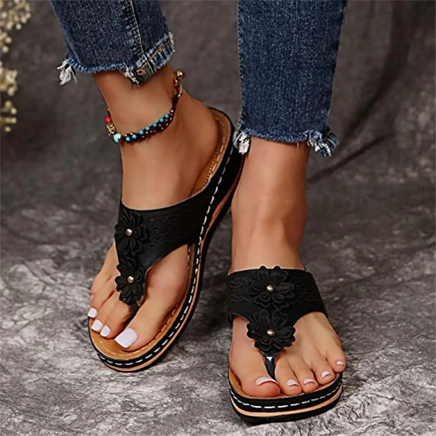 Ladmiple Women's Sandals Wedge Heel Arch Support Orthotic Thong Flip Flops Dressy Summer Comfort Walking Orthopedic Slides