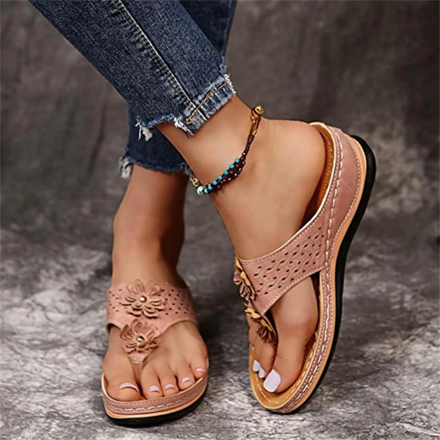 Ladmiple Women's Sandals Wedge Heel Arch Support Orthotic Thong Flip Flops Dressy Summer Comfort Walking Orthopedic Slides