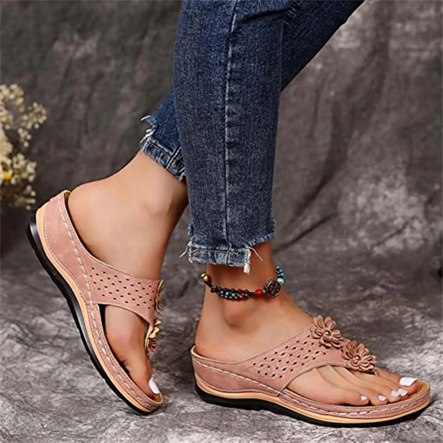 Ladmiple Women's Sandals Wedge Heel Arch Support Orthotic Thong Flip Flops Dressy Summer Comfort Walking Orthopedic Slides