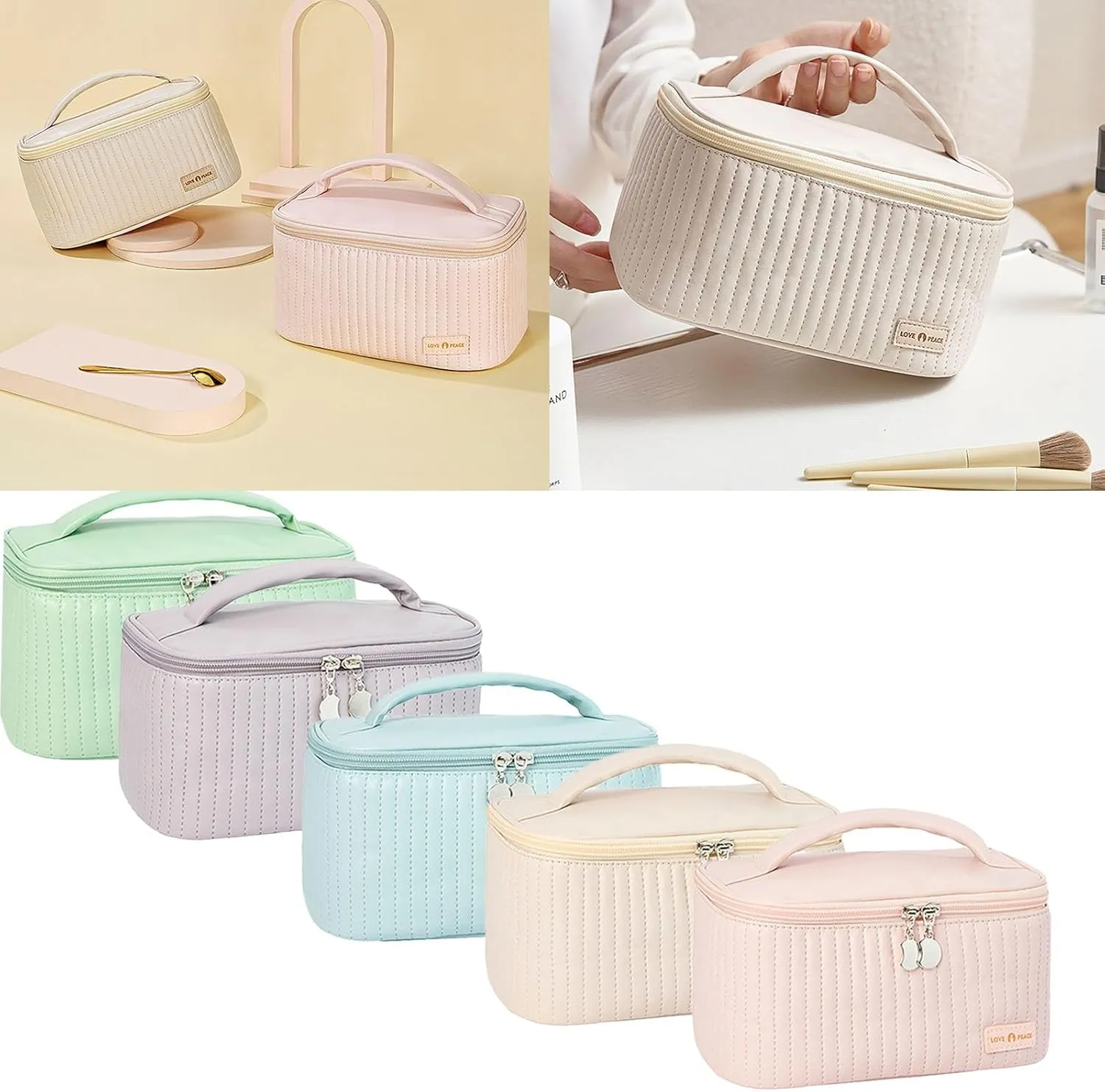 Large Makeup Bag 2024 Pu Leather Large Capacity Waterproof Portable Open Flat Cosmetic Case with Zipper and Handle Toiletry Bags for Traveling Women Quilted Makeup Bag Gifts for Women