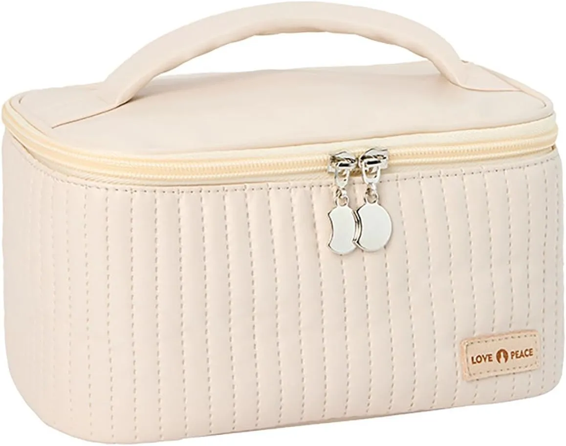 Large Makeup Bag 2024 Pu Leather Large Capacity Waterproof Portable Open Flat Cosmetic Case with Zipper and Handle Toiletry Bags for Traveling Women Quilted Makeup Bag Gifts for Women