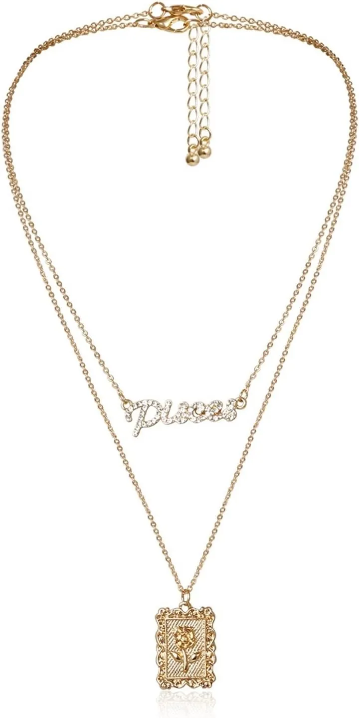 Layer Necklace, Cubic Zirconia Necklace 2 Layer Gold Lobster Claw White Round Cubic Zirconia Letter Floral Embossed Chain Design Birthday Jewelry