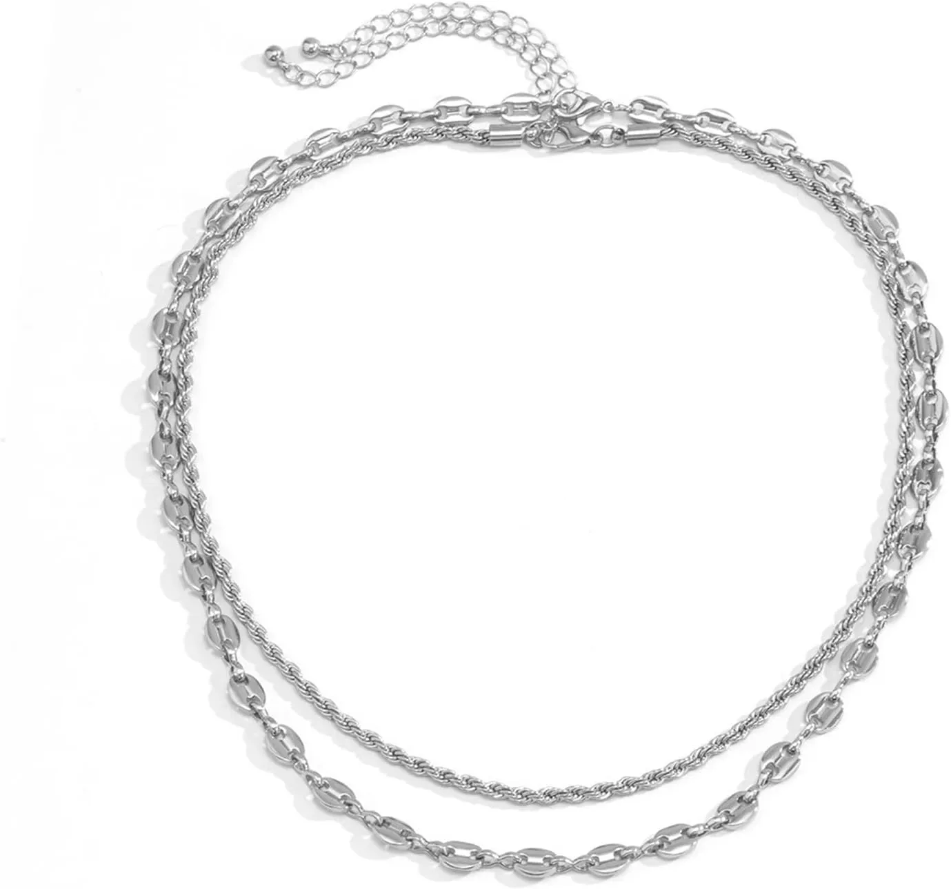 Layer Necklace Set, Stacked Chain Necklaces for Women 2 Layer Silver Lobster Claw Hollow Twist Chain Design Birthday Mother Daughter Gift