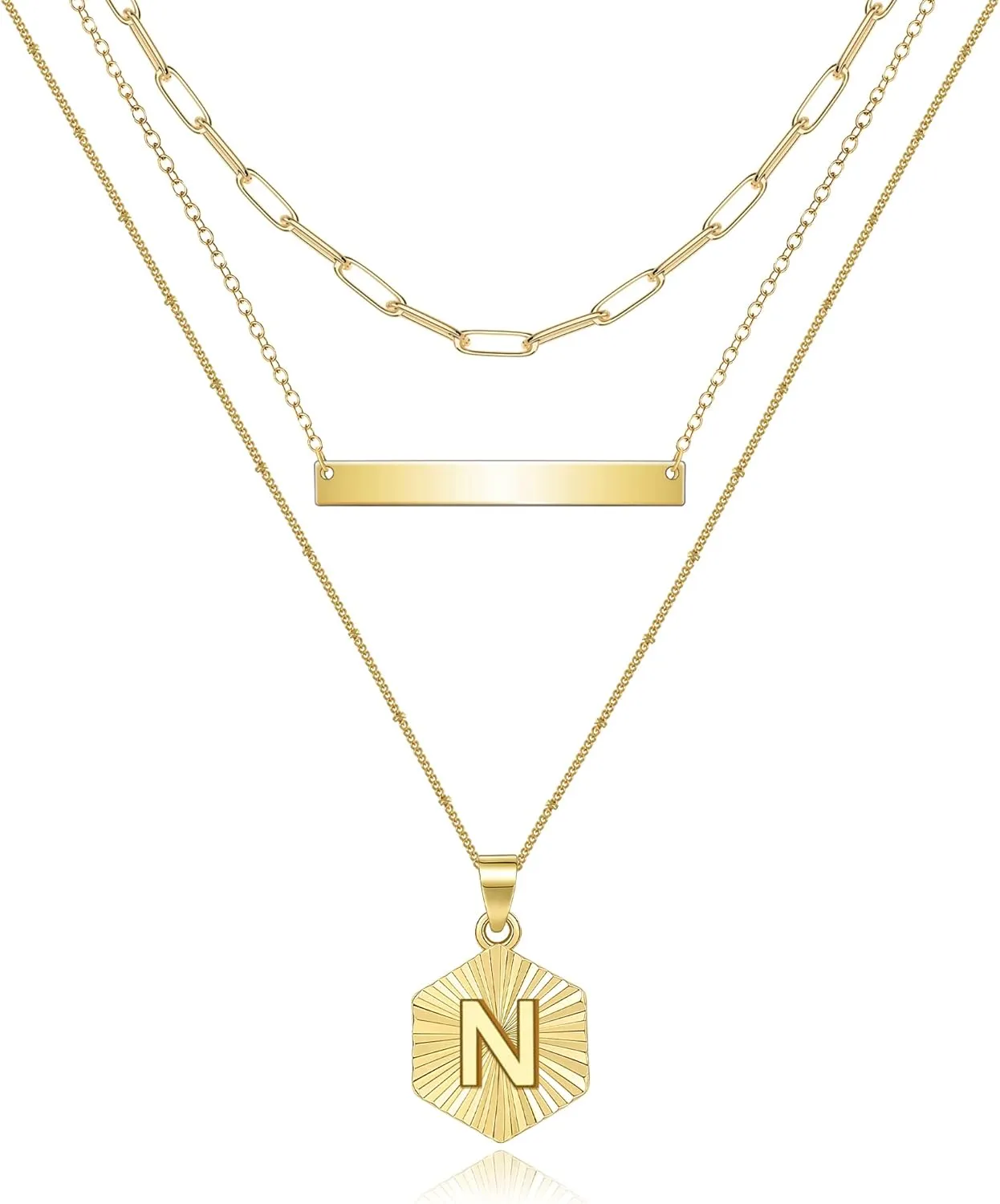 Layered Choker Necklaces for Women Initial Dainty Gold Necklaces for Women Girls Gift 14K Gold Plated Layering Paperclip Chain Hexagon Pendant with Letter