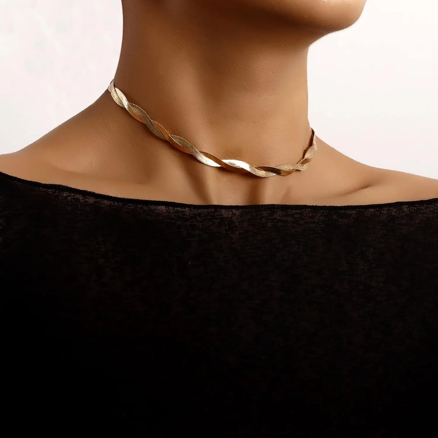 Layered Gold Necklaces for Women14K Gold Plated Gold Snake Necklace Gold Necklace Herringbone Double Flat Snake Chain Choker Necklaces for Women Trendy Necklace