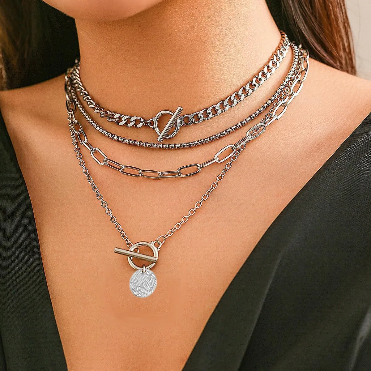 Layered Gold Necklaces Stack for Women,Chunky Gold Necklace Herringbone Paperclip Chain Necklace Pendant Dainty Cuban Chain Toggle Clasp Jewelry Gifts
