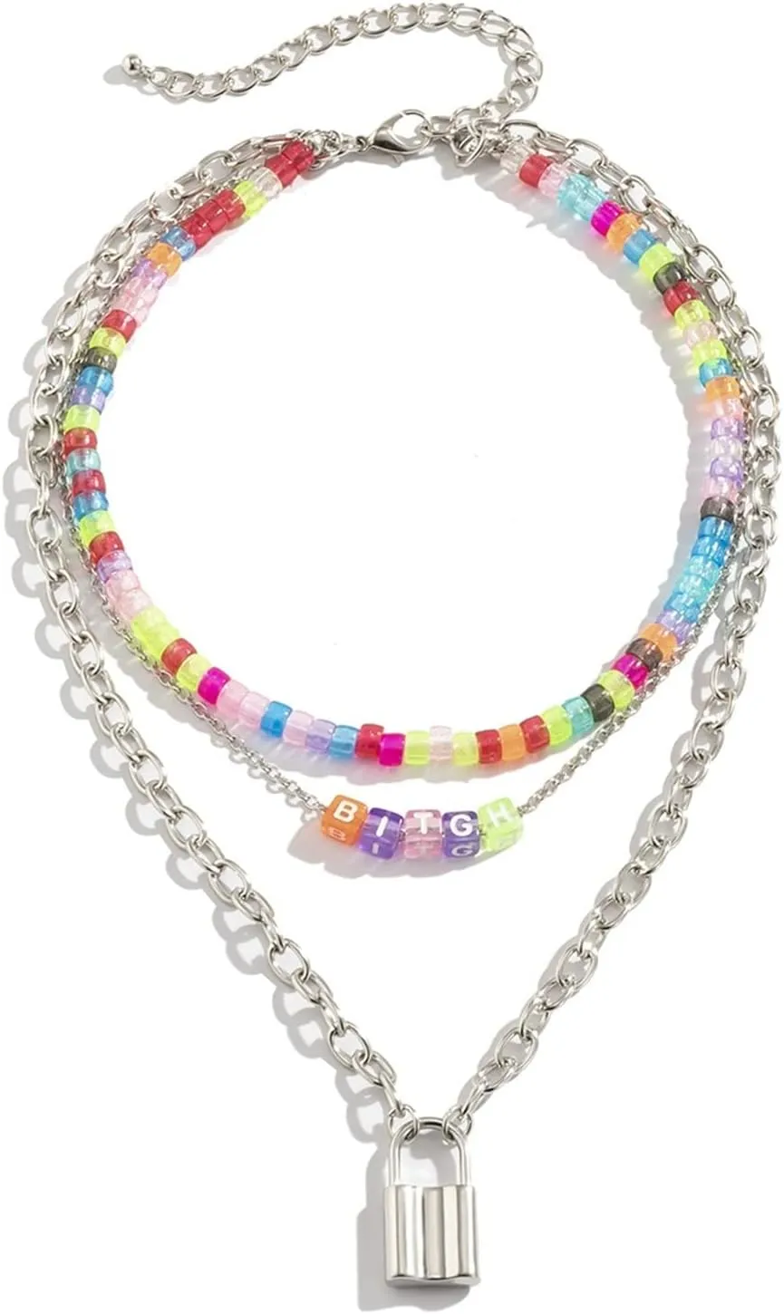 Layered Necklace, 3 Layer Necklace for Girls Silver Lobster Claw Colorful Beaded Lock Multilayer Chain Design Graduation Jewlery for Women