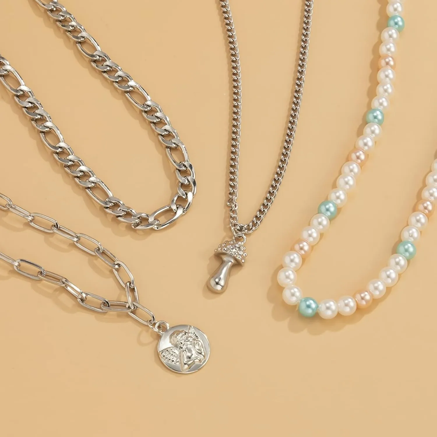 Layered Necklace Prom, 4 Necklace Layering Pendant Necklaces Colorful Pearl Angel Mushroom Design Vacation Dainty Jewelry for Women