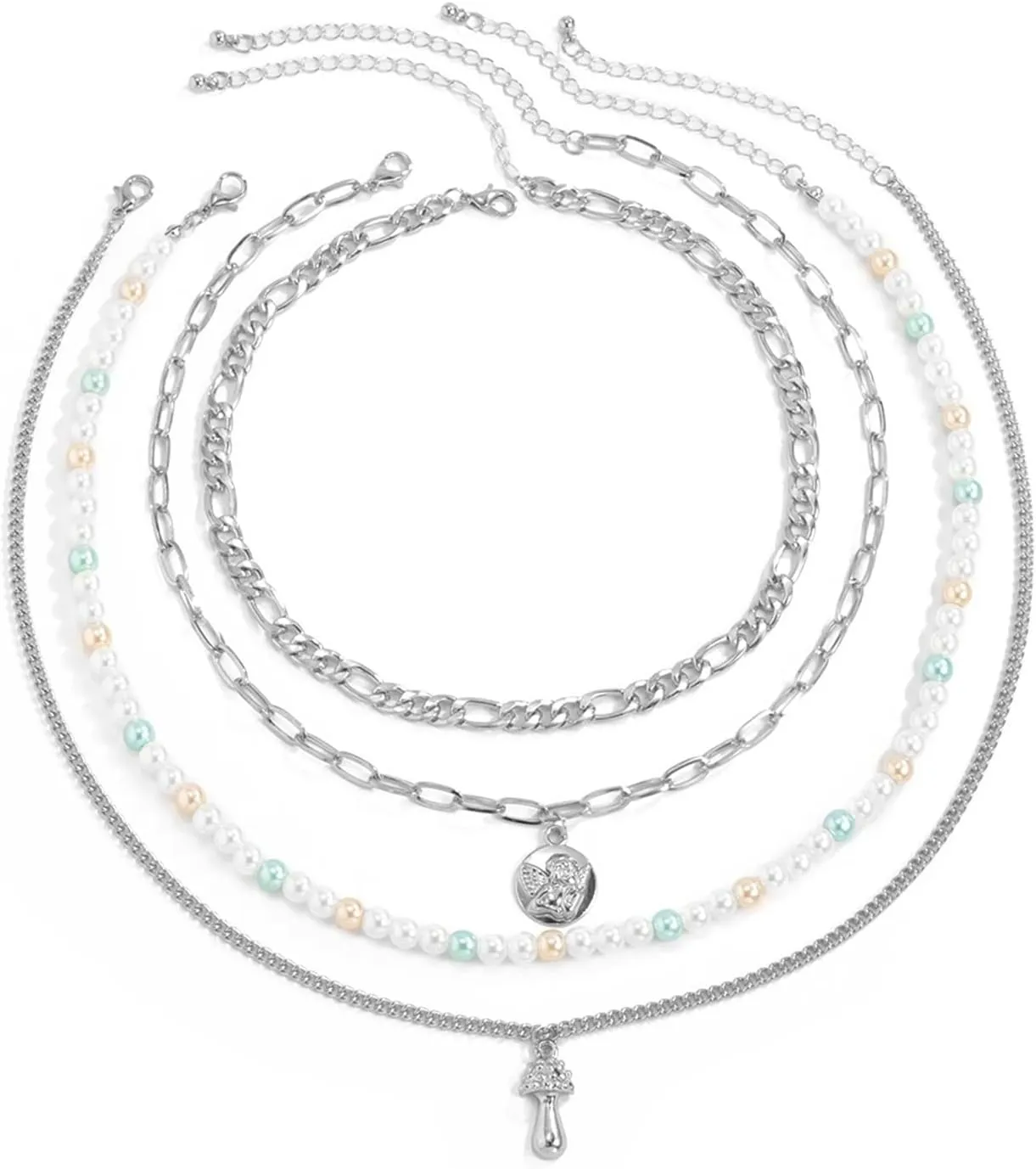 Layered Necklace Prom, 4 Necklace Layering Pendant Necklaces Colorful Pearl Angel Mushroom Design Vacation Dainty Jewelry for Women