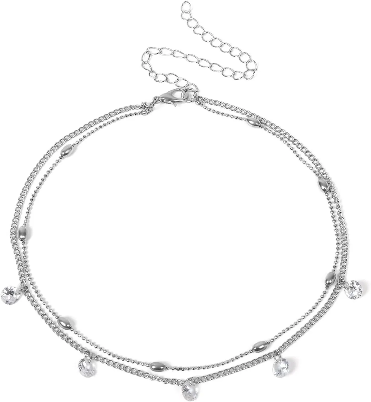 Layered Necklace Teen Girl, Womens Choker 2 Layer Silver Lobster Claw White Round Zircon Clavicle Chain Design Vacation Sister Gifts