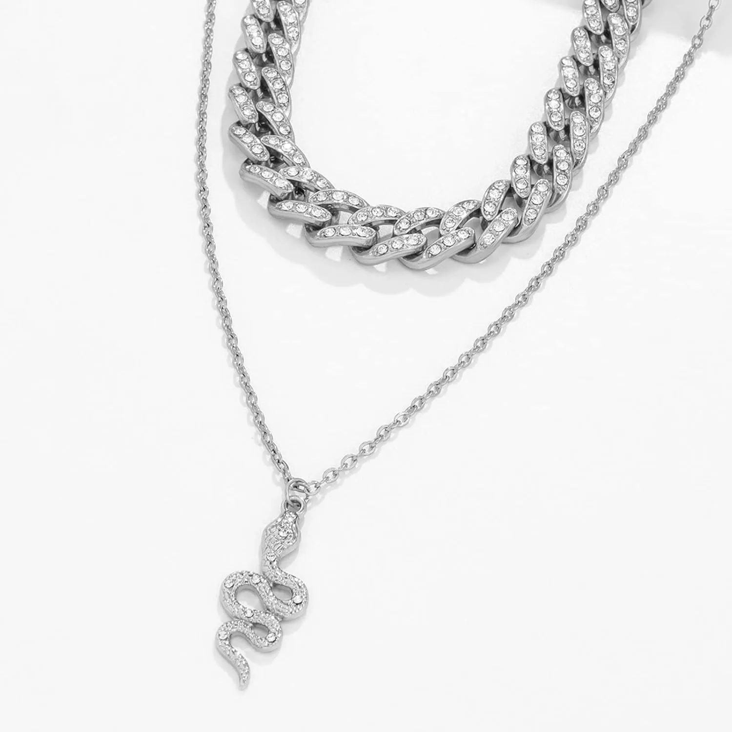 Layered Necklace Vintage, 2 Layer Necklace 2 Layer Vintage Rhinestone Cuban Chain with Snake Pendant Design Graduation