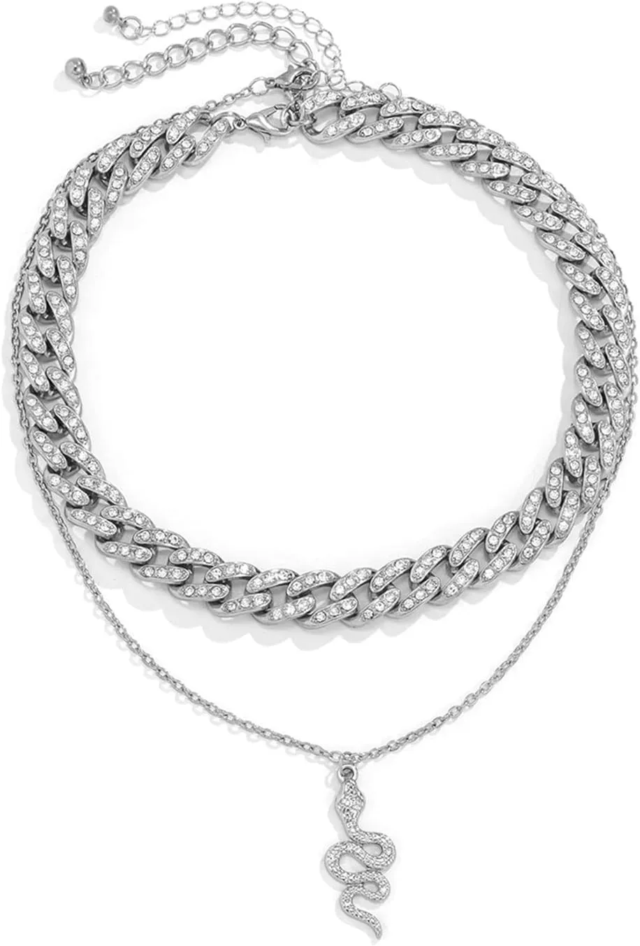 Layered Necklace Vintage, 2 Layer Necklace 2 Layer Vintage Rhinestone Cuban Chain with Snake Pendant Design Graduation