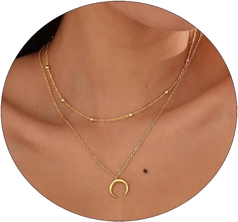 Layered Necklaces for Women,Dainty Gold Necklace Layering Necklaces 14k Gold Plated Bead Chain Choker Moon Necklace Gold Chain Necklace Women Gold Jewelry Gifts
