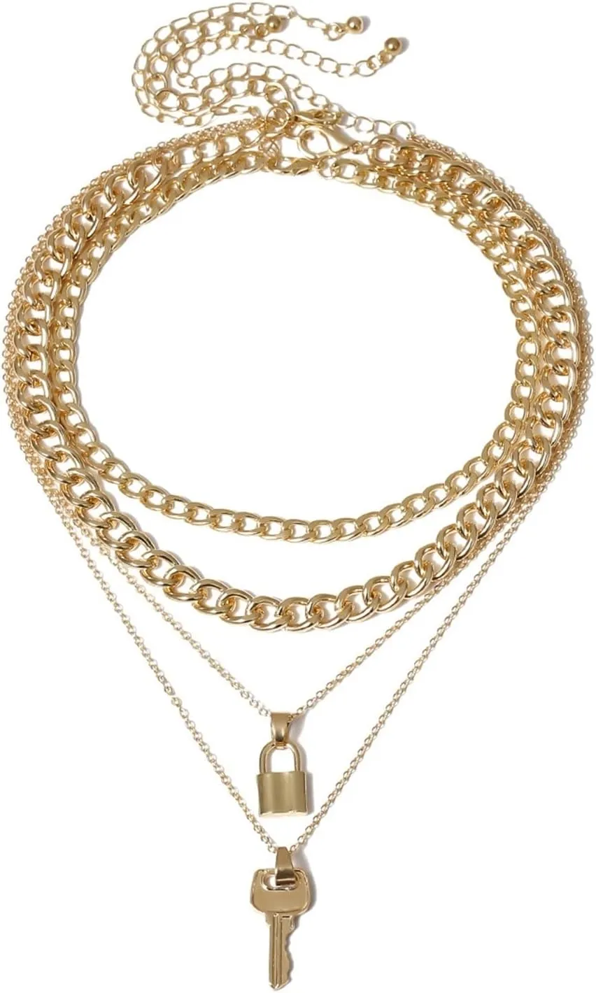 Layering Necklace Women, 4 Layered Necklace for Women Gold Lobster Claw Key Lock Multi Layer Chain Design Anniversary Roommate Gifts for Women
