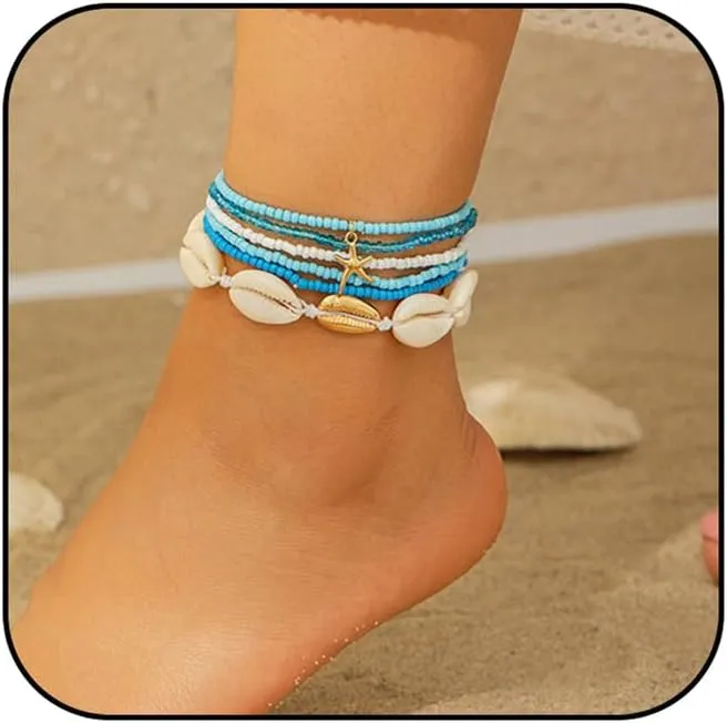 LIU JUN Anklets For Women, 6pcs/Set Boho Seed Beaded Starfish Shell Stretch Foot Chain Beach Rave Party Club Body Accessories Gift Jewelry