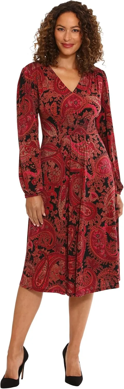 London Times Women's Smocked Empire Waist Fit and Flare Dress