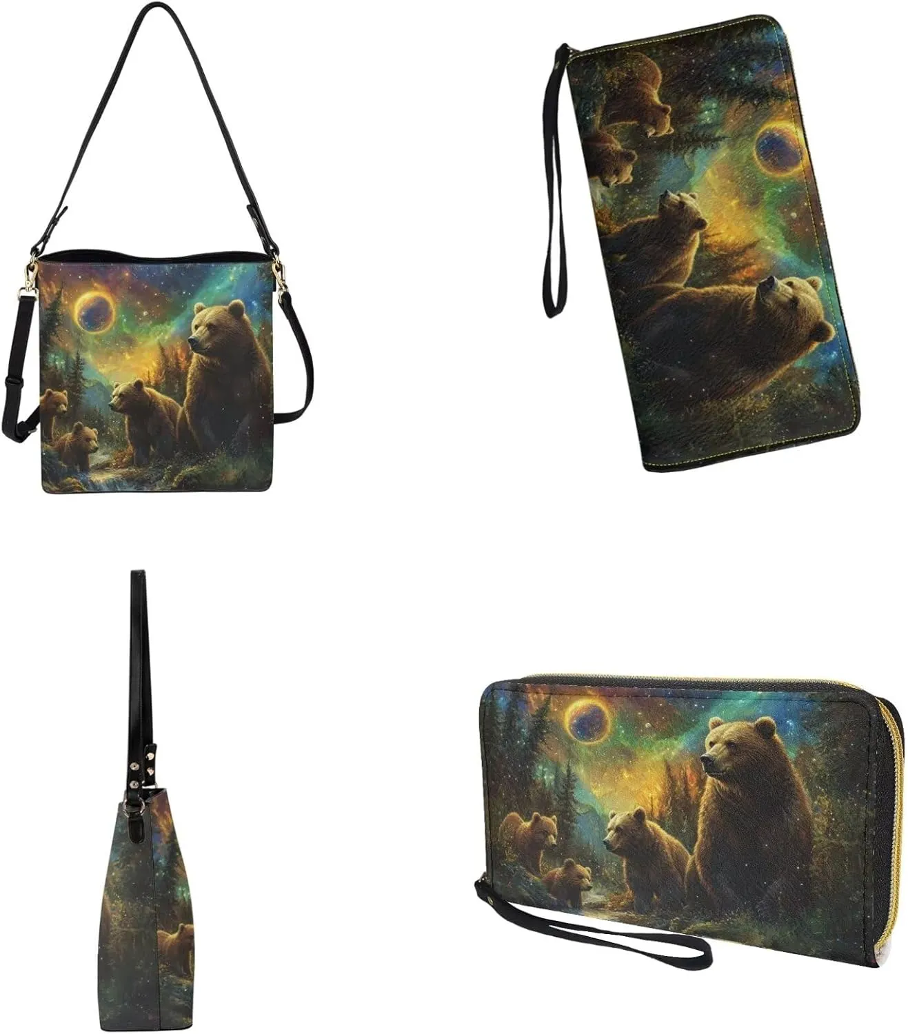 Lotusorchid Bucket Purse and Wallet Set, Leather Crossbody Shoulder Handbag Hobo Bag with Adjustable Strap for Women